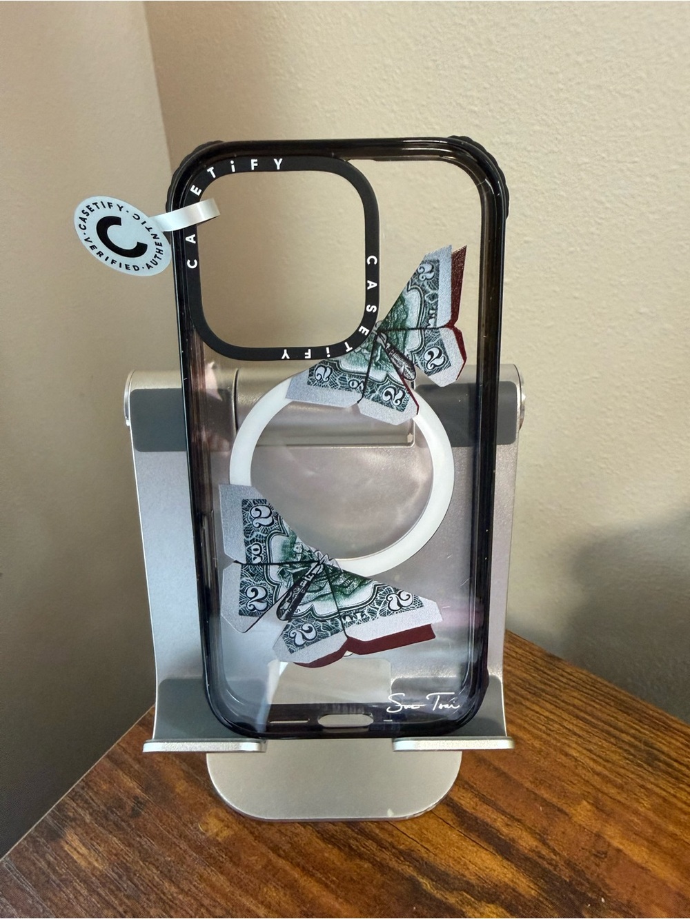 Casetify Clear Black Trim Phone Case with White Ring and Money Bow Motif